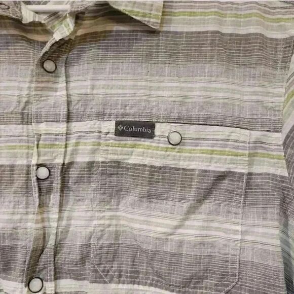 Columbia Men's Gray/White/Lime Green Striped Cotton Button Down Shirt - Picture 2 of 7